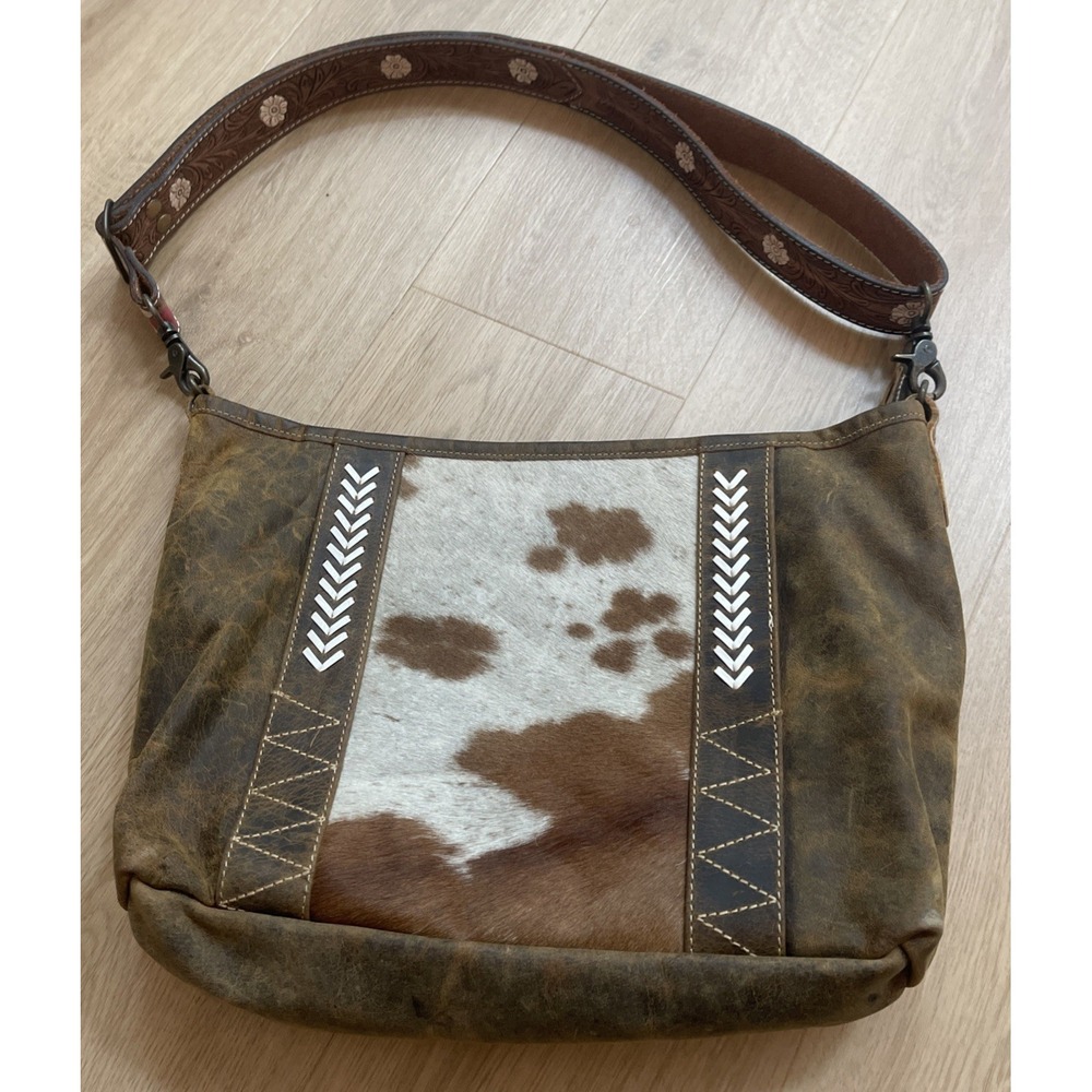 Myra Bag Crossbody Rustic Leather Calf Hair On Accents Western Orange Strap
